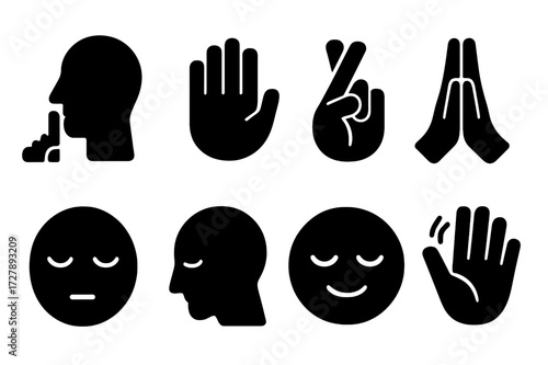 Silence Gesture Icons. Solid, filled icon set of silence gestures: finger on lips, palm raised, crossed fingers, folded hands, closed eyes, bowing head, calm