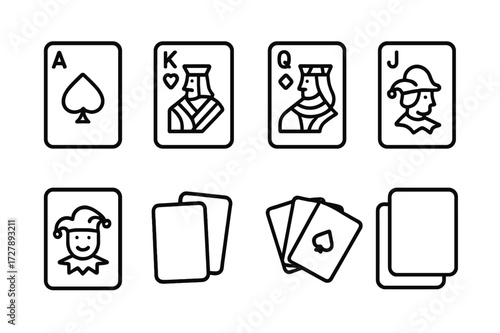 Card Icon Set. Outline icon set of playing cards: ace of spades, king of hearts, queen of diamonds, jack of clubs, joker, card deck, card fan, card stack. Line