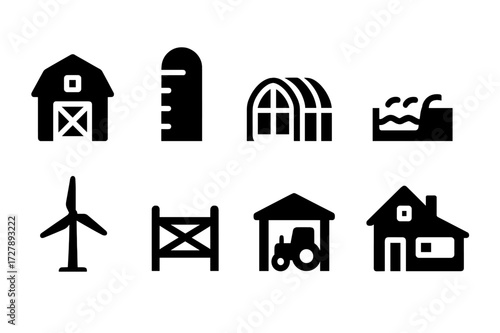 Field Structure Icons. Solid, filled icon set of field structures: barn, silo, greenhouse, irrigation canal, wind turbine, fence gate, tractor shed, farmhouse.