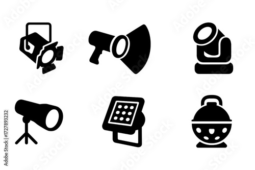 Spotlight Icons Collection. Solid, filled icon set of spotlights: stage spotlight, handheld spotlight, LED spotlight, moving head spotlight, follow spot,
