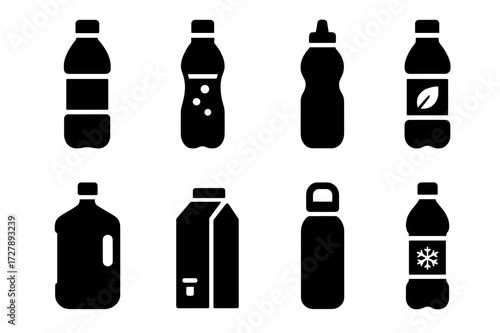 Water Bottle Icons. Solid, filled icon set of bottled water: mineral water, sparkling water, sports water, flavored water, -gallon jug, boxed water, reusable