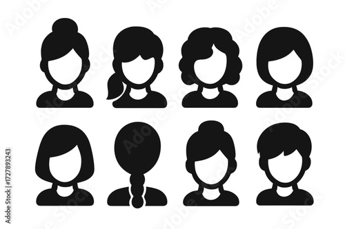 Lady Hairstyles Icons. Solid, filled icon set of lady hairstyles: bun, ponytail, curls, short hair, bob cut, braided hair, updo, pixie cut. Solid, filled icons