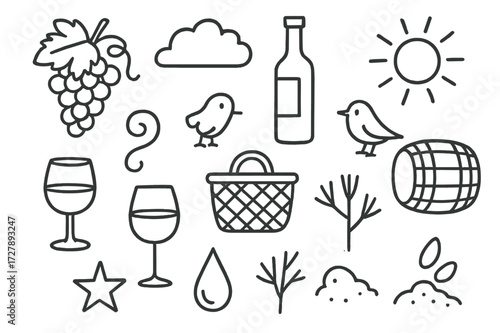 Vineyard Doodle Icons. Hand-drawn doodle illustration Vine grape cluster, vine leaf, curling tendril, wine bottle, wine glass, basket, sun, cloud, barrel,