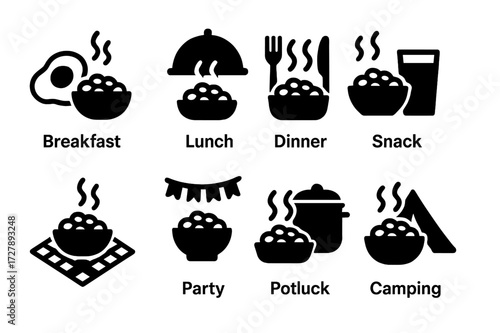 Fried Bean Meal Icons. Solid, filled icon set of fried bean meal occasions: breakfast, lunch, dinner, snack, picnic, party, potluck, camping. [Line icons in