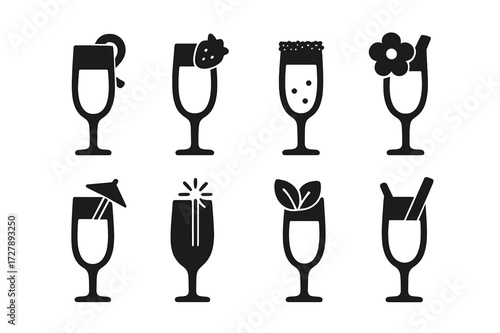 Black Cocktail Decorations. Solid, filled icon set of champagne glass decoration: lemon twist, strawberry slice, sugar rim, edible flower, cocktail umbrella,