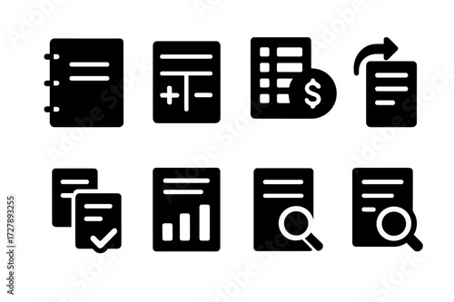 Liability Accounting Icons. Solid, filled icon set of liability accounting: ledger, journal entry, balance sheet, trial balance, adjustment, reconciliation,