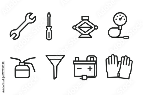 Jeep Maintenance Icons. Outline icon set of jeep maintenance tools: wrench, screwdriver, jack, tire pressure gauge, oil can, funnel, battery charger, gloves.