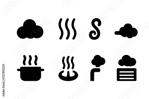 Steam Symbol Icon Set. Solid, filled icon set of steam symbols: steam clouds, heat waves, steam swirl, vapor trail, boiling pot, hot spring, steam pipe,