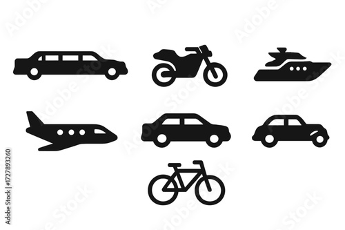 Luxury Transport Icons. Solid, filled icon set of escort transport: limousine, luxury car, motorcycle, yacht, private jet, sedan, bicycle, classic car. Solid,