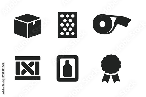 Packaging Durability Icons. Solid, filled icon set of durability in packaging: cardboard box, bubble wrap, tape roll, plastic container, wooden crate, foam