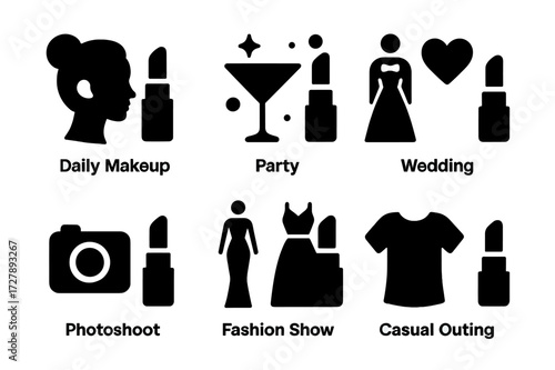 Lipstick Icons Collection. Solid, filled icon set of lipstick occasions: daily wear, party, wedding, date night, photo shoot, fashion show, formal event,