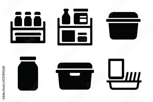 Kitchen Storage Icons. Solid, filled icon set of kitchen storage: spice rack, pantry shelf, food container, mason jar, bread box, storage bin, fridge drawer,