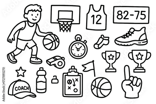 Basketball Activity Icons. Hand-drawn doodle illustration basketball team activity basketball, hoop, jersey, sneakers, scoreboard, whistle, stopwatch, trophy,