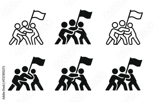 Teamwork Emblem Variations. Teamwork in motion. Set Logo of teamwork in motion: Team holding flag icon. harmonious logo variations of the same emblematic