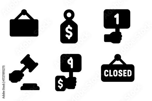 Auction Icon Set. Solid, filled icon set of auction signage: sold sign, reserve price, bid increment, lot number, bid winner, starting bid, no bids, auction