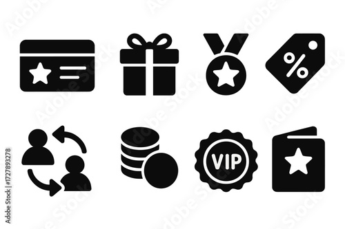 Customer Loyalty Icons. Solid, filled icon set of customer loyalty: rewards card, gift box, medal, discount tag, referral, points accumulation, VIP badge,