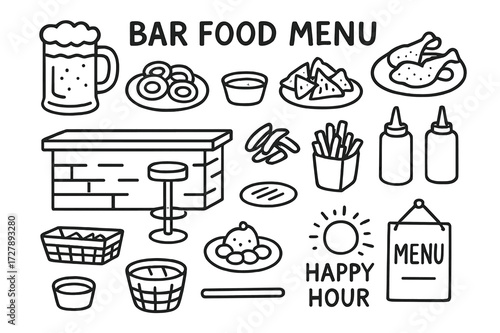 Bar Snack Icons. Hand-drawn doodle illustration [Bar food menu] [beer mug, fried calamari, nachos, chicken wings, dipping sauce, fries, coaster, bar counter,