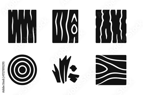 Wood Grain Icon Set. Solid, filled icon set of wood grains and textures: rough plank, smooth surface, knots, bark texture, cross-section rings, splinters, wood