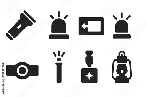 Emergency Lighting Icons. Solid, filled icon set of emergency lighting: flashlight, emergency beacon, exit sign, red strobe, headlamp, flare, backup battery