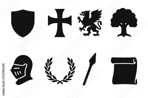 Family Crest Icons. Solid, filled icon set of family crests: shield, cross, griffin, oak tree, knight?s helmet, laurel wreath, spear, scroll. Solid, filled
