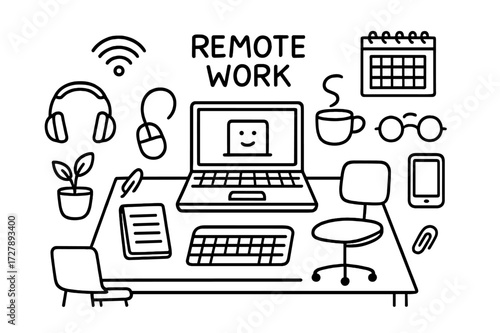 Remote Work Essentials. Hand-drawn doodle illustration Laptop for remote work laptop, headphones, mouse, coffee cup, smartphone, tablet, notepad, chair, desk,