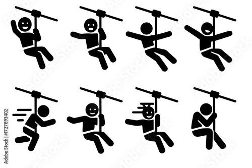 Zip Line Icon Set. Solid, filled icon set of zip line feelings: excitement, fear, freedom, speed, adrenaline, thrill, joy, challenge. [Line icons in only black