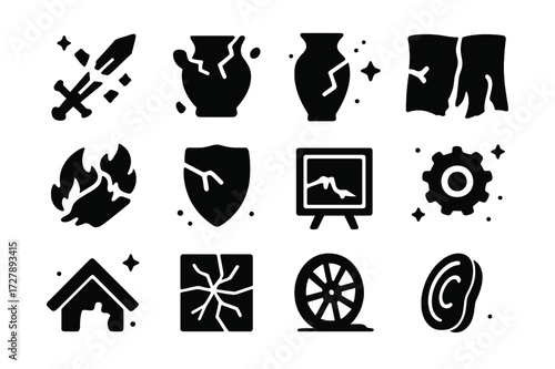 Broken Objects Icons. Destroyed objects. Solid icons set of broken sword, shattered pottery, cracked vase, torn fabric, burnt book, broken shield, ruined