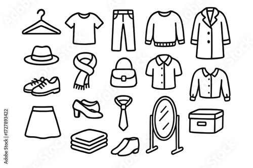 Minimalist Closet Doodles. Hand-drawn doodle illustration Minimalist closet hanger, shirt, pants, sweater, coat, shoes, hat, scarf, bag, tie, blouse, skirt,