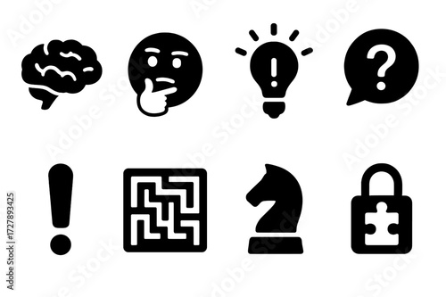 Riddle Icons Grid. Solid, filled icon set of riddle concepts: brain, thinking face, light bulb moment, question speech bubble, exclamation mark, labyrinth,
