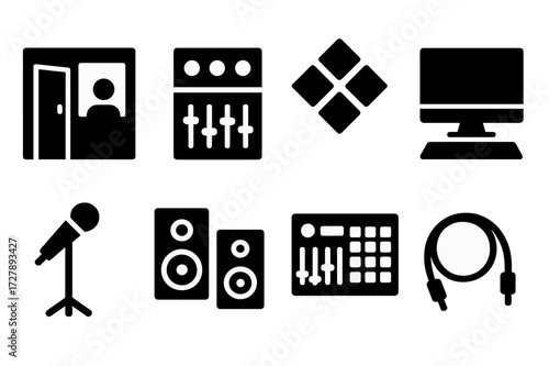 Beatmaker Studio Icons. Solid, filled icon set of beatmaker studio: soundproof room, mixing desk, acoustic panels, computer, microphone stand, speakers, drum