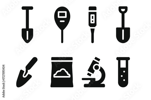 Soil Testing Tools. Solid, filled icon set of sprouting benefits: vitamin icon, fiber icon, antioxidant, health shield, energy boost, digestion, immune system,