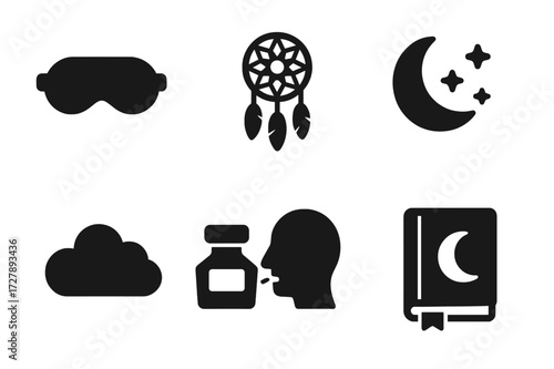 Dream Interpretation Icons. Solid, filled icon set of dream interpreter: sleeping mask, dreamcatcher, night sky, hourglass, cloud symbol, ink bottle, whisper