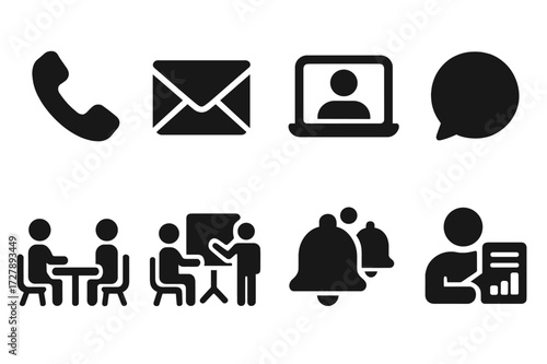 Broker Communication Icons. Solid, filled icon set of broker communication: phone call, email, video call, chat bubble, meeting, presentation, notification,