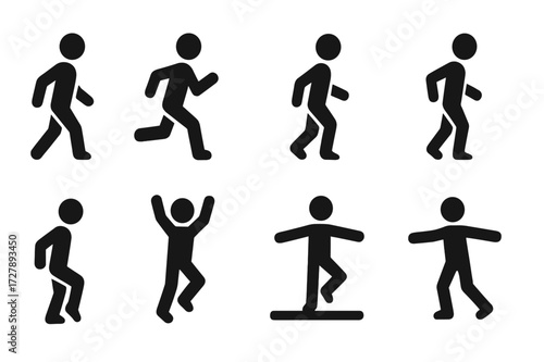 Barefoot Walking Icons. Solid, filled icon set of barefoot walking styles: slow walk, fast run, tiptoe, heel strike, toe grip, jump, balance beam, sidestep.