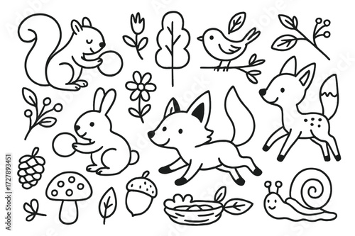 Woodland Animal Doodle. Hand-drawn doodle illustration Woodland playtime squirrel, rabbit, fox, deer, bird, nest, mushroom, flower, acorn, pinecone, tree,