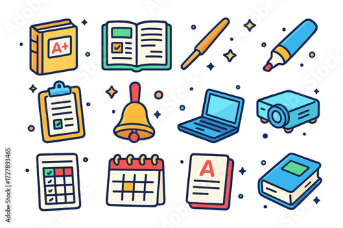 Colorful Teacher Tool Icons. Teacher tools. Colorful isometric vector icons set of Teacher tools: gradebook, lesson plan, pointer, whiteboard marker,