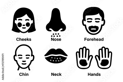 Windburn Icon Set. Solid, filled icon set of windburn affected areas: cheeks, nose, lips, forehead, chin, neck, ears, hands. Line icons in only black color.