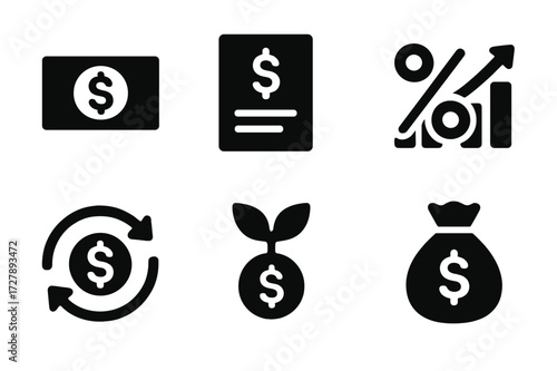 Financial Icons Grid. Solid, filled icon set of dividends and returns: cash payout, dividend report, interest percentage, income chart, reinvest icon, yield