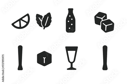 Mojito Ingredient Icons. Solid, filled icon set of mojito ingredients: lime wedge, mint leaves, sugar cube, soda water, white rum, ice cubes, cocktail glass,