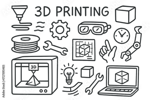 3D Printing Doodle. Hand-drawn doodle illustration digital home security computer, smartphone, tablet, lock, shield, wifi signal, firewall, password key,