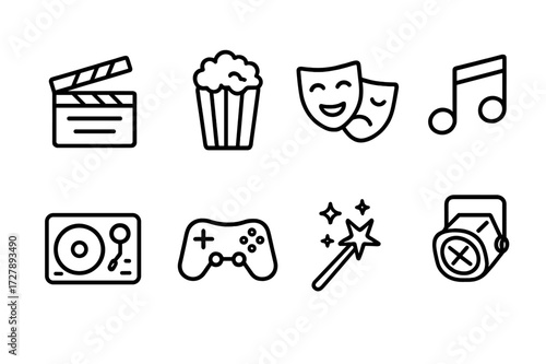 Entertainment Icons Grid. Outline icon set of excitement in entertainment: movie clapper, popcorn, theater mask, music note, DJ turntable, game controller,