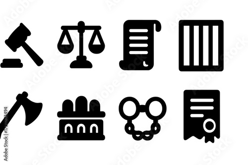 Feudal Justice Icons. Solid, filled icon set of feudal justice and law: gavel, scales of justice, scroll, jail cell, executioner?s axe, court bench, prisoner