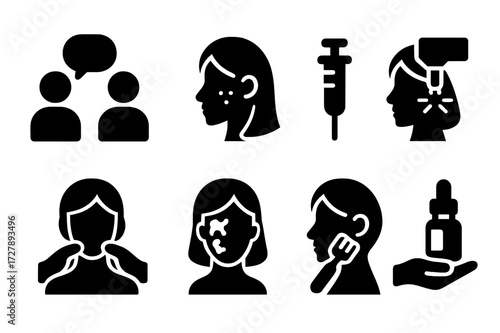 Anti-Aging Clinic Icons. Solid, filled icon set of anti-aging clinic services: consultation, skin analysis, injection, laser treatment, massage therapy,