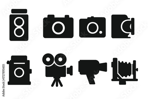 Vintage Camera Icons. Solid, filled icon set of film and vintage cameras: twin-lens reflex, box camera, rangefinder, folding camera, plate camera, 8mm camera,