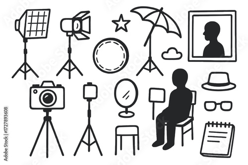 Studio Photography Essentials. Hand-drawn doodle illustration studio portrait lighting softbox, spotlight, umbrella light, tripod, camera, reflector, person