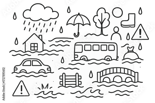 Flood Scene Doodles. Hand-drawn doodle illustration Flooded streets car, bus, rising water, house, tree, waves, raindrop, umbrella, boot, warning sign, bridge,