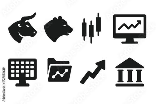 Stock Market Icons. Solid, filled icon set of stock market: bull icon, bear icon, candlestick chart, trading screen, ticker board, stock portfolio, uptrend