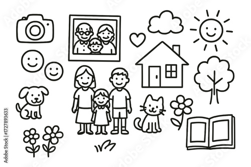 Family Photo Icons. Hand-drawn doodle illustration Family photo camera, photo frame, smiling faces, parents, children, grandparents, heart, house, tree, sun,