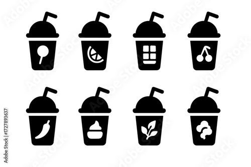 Shake Flavor Icons. Solid, filled icon set of shake flavors: sweet, sour, bitter, fruity, spicy, creamy, herbal, smoky. Solid, filled icons in only black