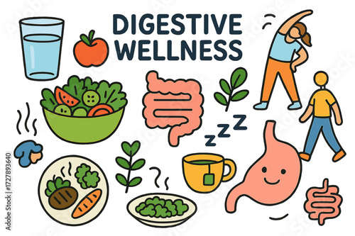 Digestive Wellness Icons. Digestive wellness. Colorful Hand-drawn doodle Children illustration digestive wellness water glass, salad, apple, stretching person,